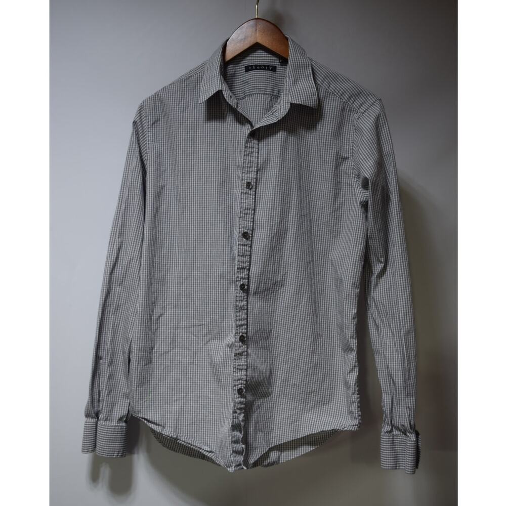Theory Gray Micro Check Button Front Dress Shirt Men's Small